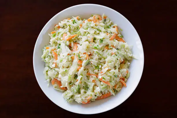 Finely chopped coleslaw served in a white bowl. Single bowl used to enhance slaw. 