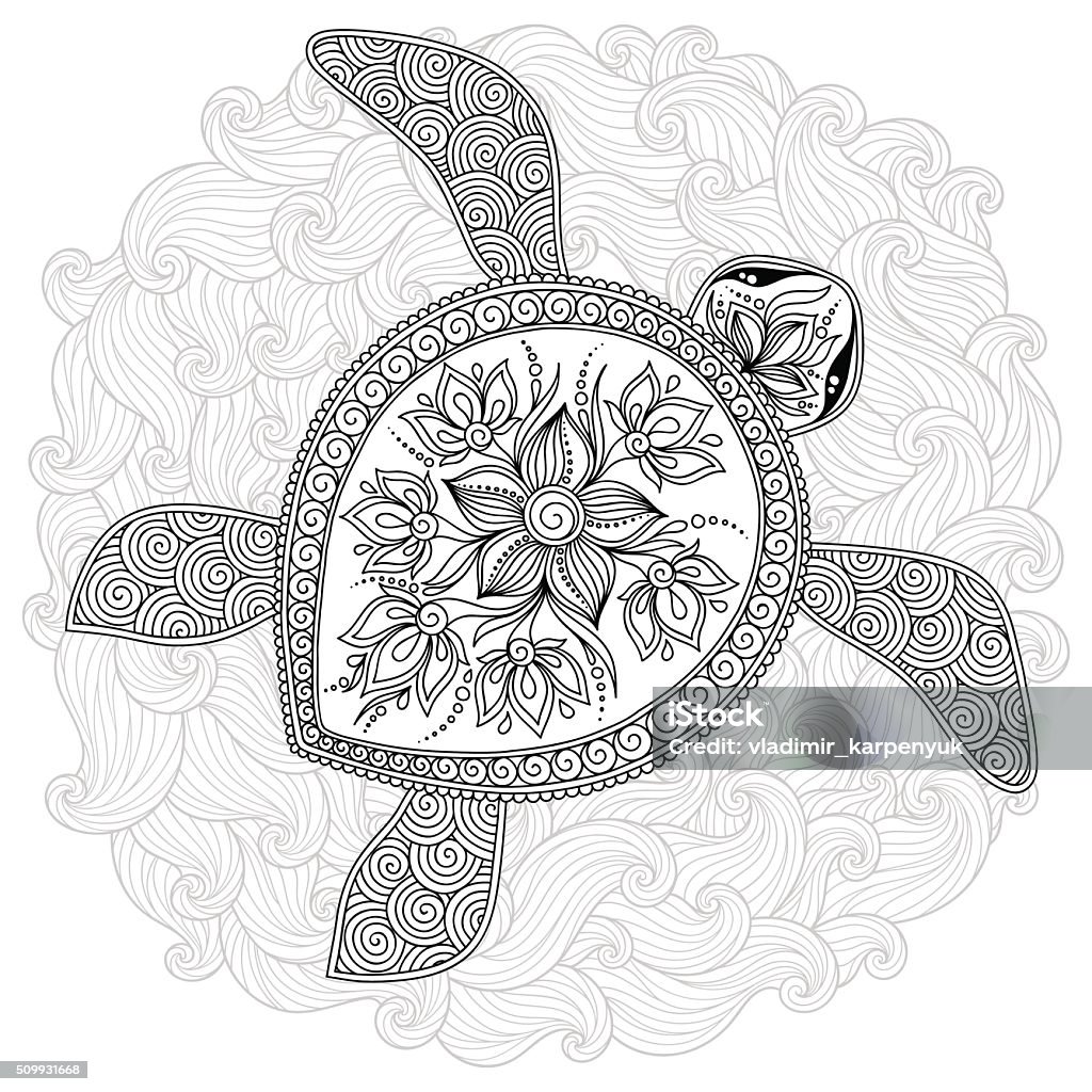 Pattern for coloring book.  Decorative graphic turtle. Pattern for coloring book. Coloring book pages for kids and adults. Decorative graphic turtle. Henna Mehndi Tattoo Style Doodles Turtle stock vector