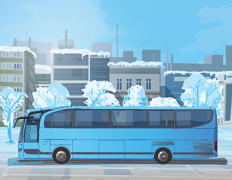 Blue bus on winter city street