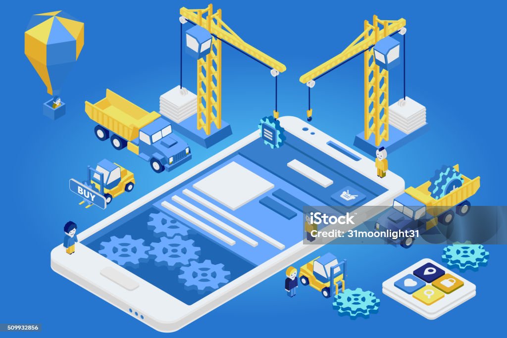Mobile App Development, Experienced Team. Flat 3d isometric Flat 3d isometric mobile design web infographic concept vector. Crane people creating interface on phone tablet. Vector illustrations. EPS10 and JPG are available Digital Transformation stock vector