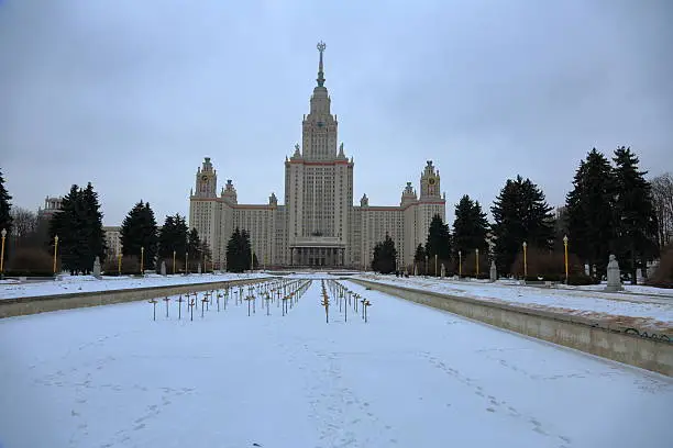 The main body of the building of the Moscow State University during a cloudy winter