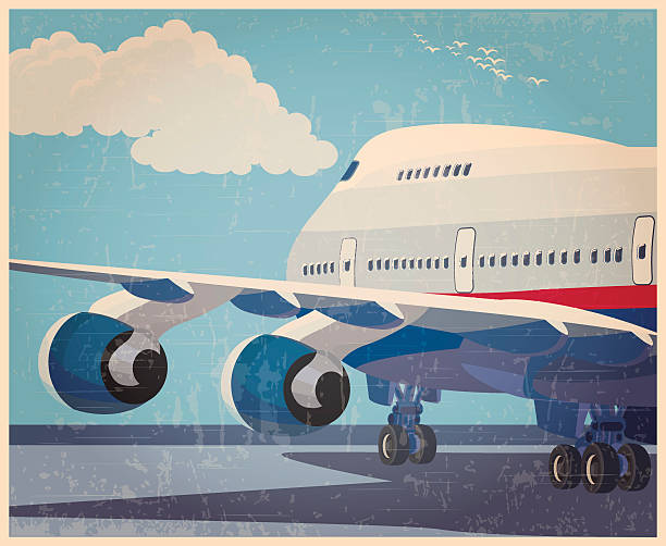 big civil aircraft old poster Stylized vector illustration on the theme of civil aviation. Modern jet airplane ready to take off in the old style poster. runway condition stock illustrations