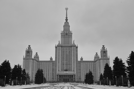 The main body of the building of the Moscow State University during a cloudy winter