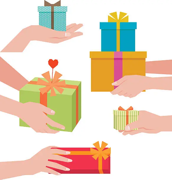 Vector illustration of Hand giving a gift box isolated on white background