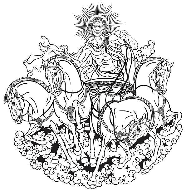 helios black and white Helios personification of the sun driving a chariot drawn by four horses harnessed abreast . God in ancient Greek mythology chariot racing stock illustrations