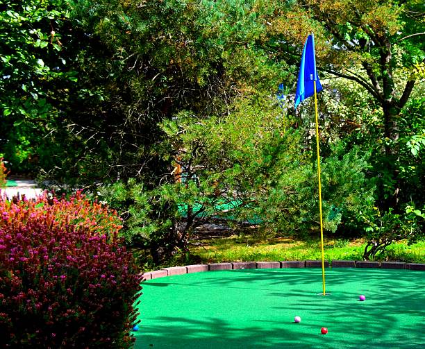 Putt putt miniature golf hole with flag and golf balls stock photo