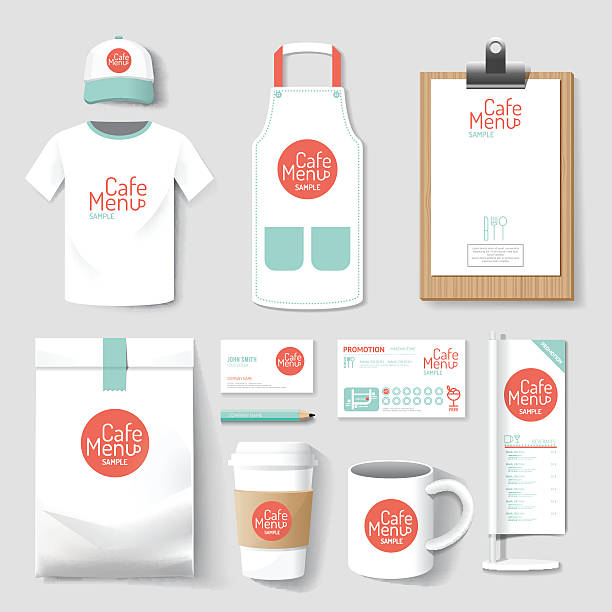 vektor-restaurant "cafe-set flyermenu package-t-shirt, kappe trikot-design - shirt paper book business stock-grafiken, -clipart, -cartoons und -symbole