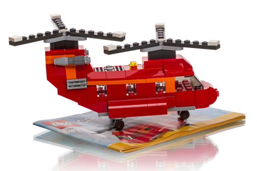 Tambov, Russia - August 30, 2014:  Model two rotor helicopter Lego. Lego is a line of construction toys manufactured by the Lego Group, a privately held company based in Billund, Denmark.  Items: 31003