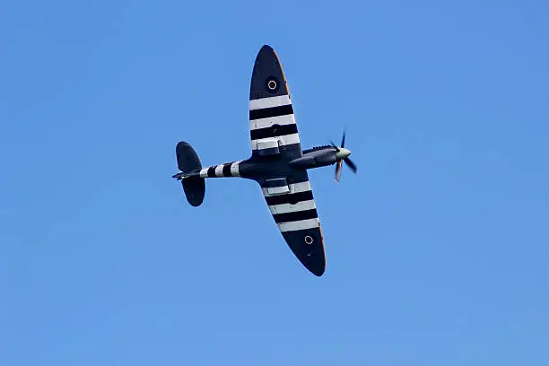RAF Spitfire flyby on a clear blue sky seen from below.