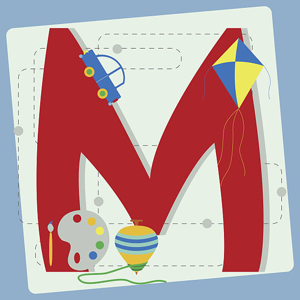 ilustrações, clipart, desenhos animados e ícones de letra "m" do alfabeto estilizada com brinquedos para crianças - letter m paintbrush sign painting