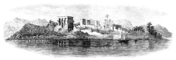 Philae, Egypt (Victorian engraving) The ancient Egyptian temple complex of Philae, including the Temple of Isis, which was originally on an island in the River Nile. The complex was dismantled and relocated during UNESCO efforts to save it because of the construction of the Aswan Dam. rom “The Illustrated London News” dated Saturday April 12th, 1862. “The Illustrated London News” was the world’s first illustrated weekly newspaper and was first published in 1842 by Herbert Ingram. temple of philae stock illustrations