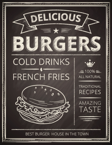 Burger poster stylized like sketch drawing on the chalkboard.Vector illustration.