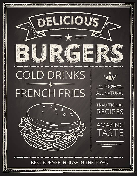 Burger poster Burger poster stylized like sketch drawing on the chalkboard.Vector illustration. bread borders stock illustrations