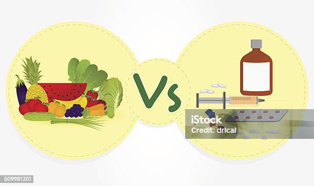 Produtos Hortícolas E Frutas Contra A Droga - Arte vetorial de stock e mais imagens de Alimentação Saudável - Alimentação Saudável, Antibiótico, Bem-estar