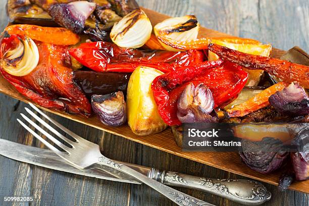 Roasted Vegetables Fork And Knife Stock Photo - Download Image Now - Appetizer, Baked, Barbecue Grill