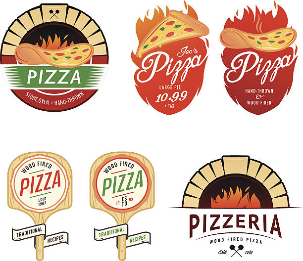illustrations, cliparts, dessins animés et icônes de étiquettes vintage pizzeria, insignes, éléments de design - old fashioned pizza label design element