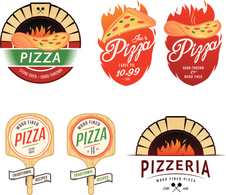 Vintage pizzeria labels, badges and design elements.