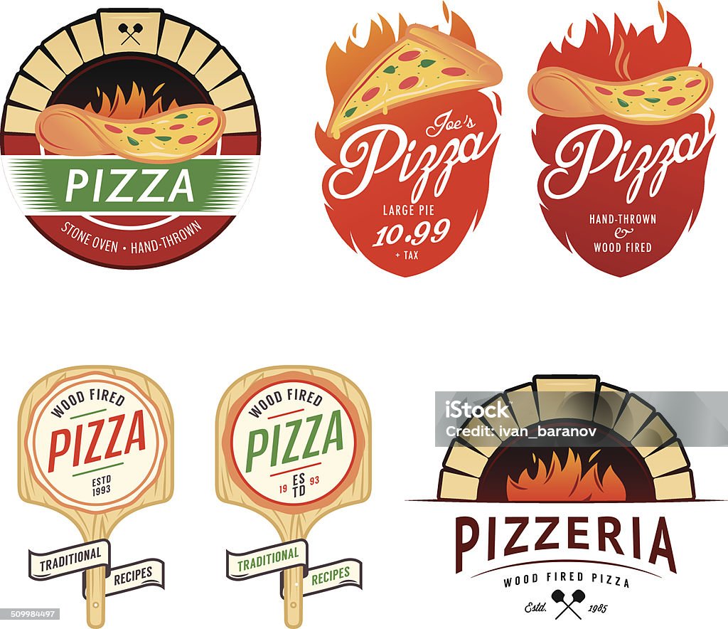 Vintage pizzeria labels, badges and design elements Vintage pizzeria labels, badges and design elements. Pizza stock vector