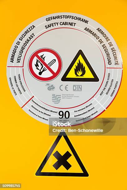 Sticker On Safety Cabinet For Chemicals Stock Photo - Download Image Now - Acid, Closet, Storage Compartment