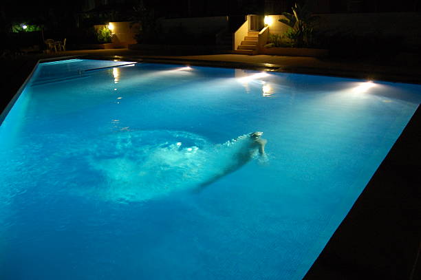 Swimming pool seen from above at night.