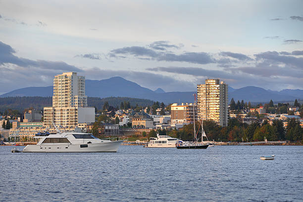 Waterfront condominiums overlook the harbor and marina in Downtown Nanaimo, British Columbia, Canada.