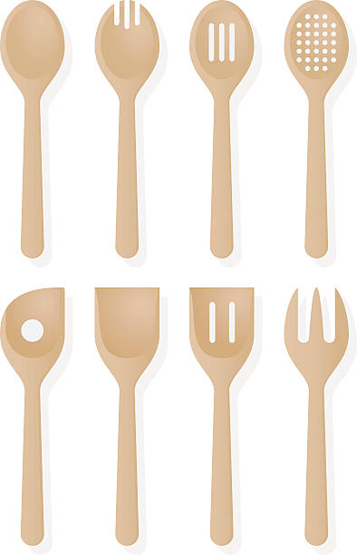 ilustraciones, imágenes clip art, dibujos animados e iconos de stock de cuchara de madera juego - kitchen utensil commercial kitchen domestic kitchen personal accessory