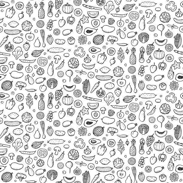 ilustrações, clipart, desenhos animados e ícones de legumes e frutas sem costura desenhados à mão padrão - onion vegetable food vector