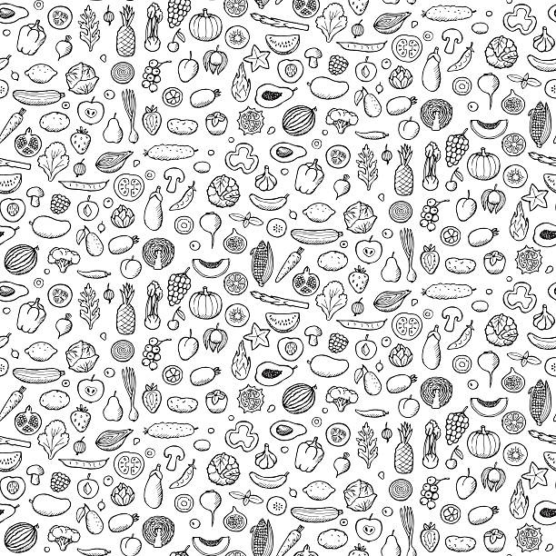 Vegetables and fruits Seamless hand drawn pattern Vector illustration of seamless pattern with vegetables and fruits elements cooking drawings stock illustrations
