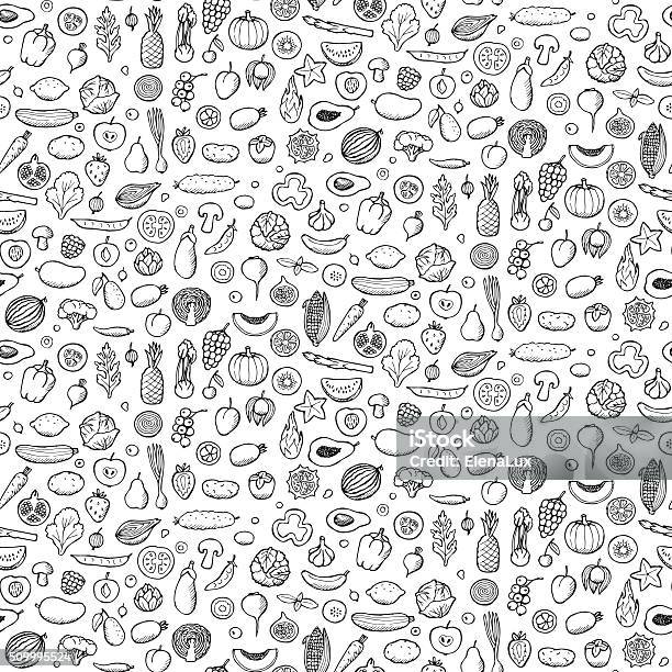 Vegetables And Fruits Seamless Hand Drawn Pattern Stock Illustration - Download Image Now - Fruit, Vegetable, Food