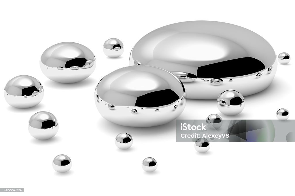 Hg, mercury metal drops Shiny mercury metal drops and droplets isolated on white background, Hg Mercury - Metal Stock Photo