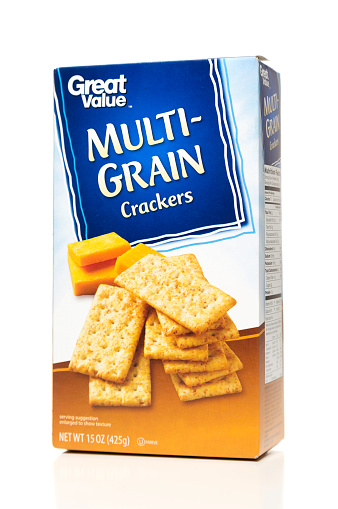 Miami, USA - January 23, 2016: Great Value Multi-Grain crackers 15 OZ box. Great Value is part of Walmart's private label store brands for hundreds of household consumable items.