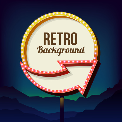 Neon sign with lights. Retro billboard in the city at night. Clean place with a 3D frame. Volumetric vintage frame. Roadside sign. Road yellow sign from the 50s. Shield against night mountain. Vector 