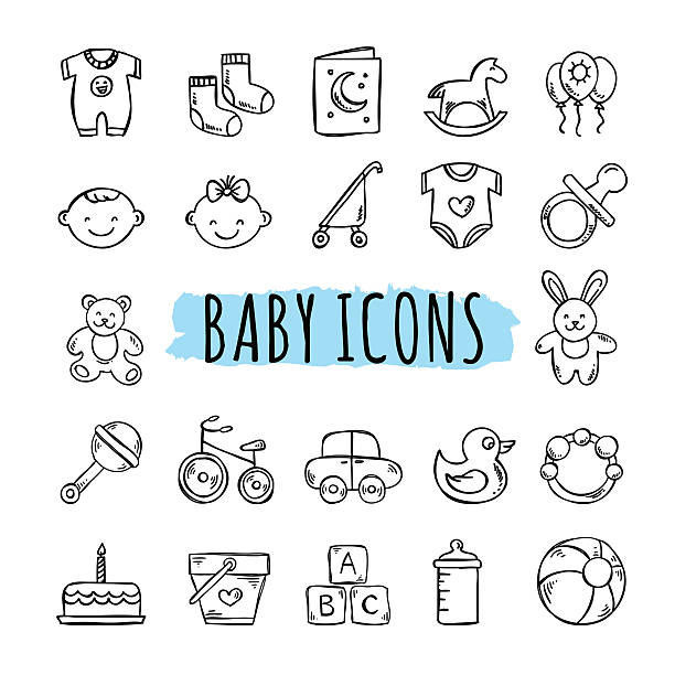 illustrations, cliparts, dessins animés et icônes de de bébé icônes vector ensemble dessiné. main tiré les enfants symboles - duck toy