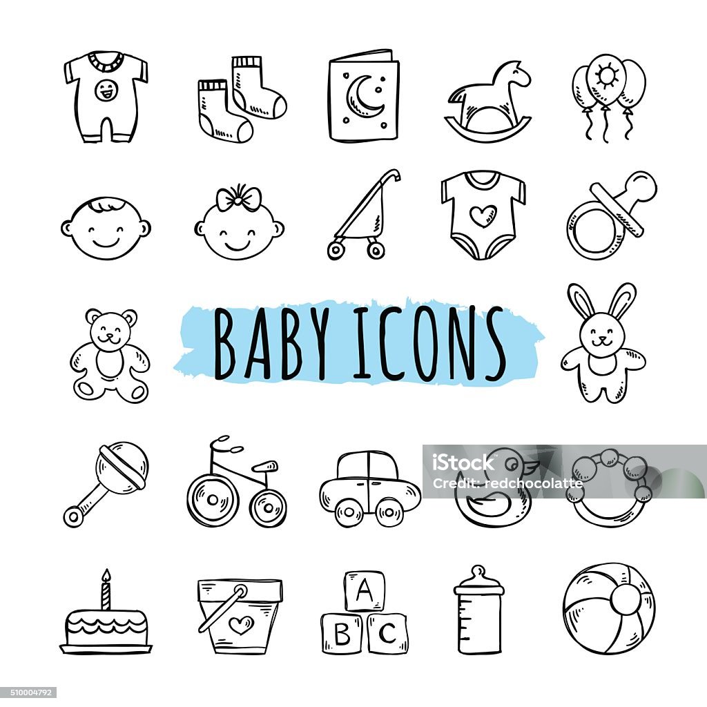 Sketched baby icons vector set. Hand drawn kids symbols Sketched baby icons vector set. Hand drawn kids symbols: toys, food, clothes Baby - Human Age stock vector