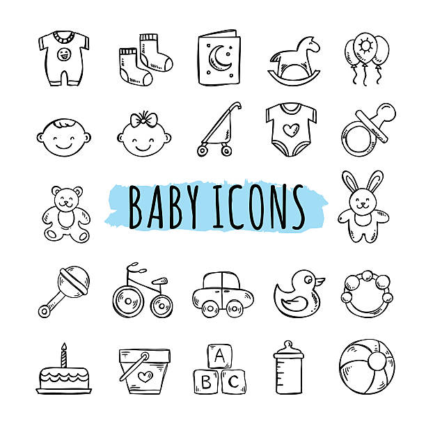 Sketched baby icons vector set. Hand drawn kids symbols Sketched baby icons vector set. Hand drawn kids symbols: toys, food, clothes baby stock illustrations