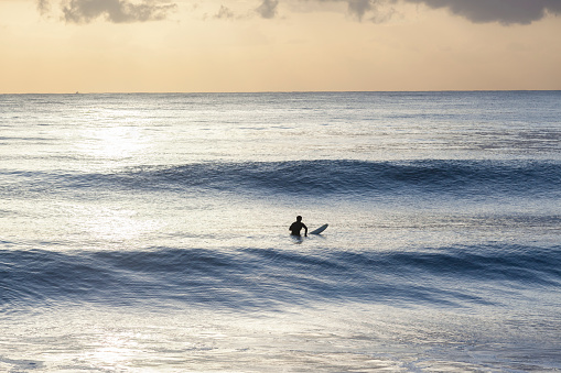 Surfer waiting in ocean waves silhouetted morning sunrise surfing session.