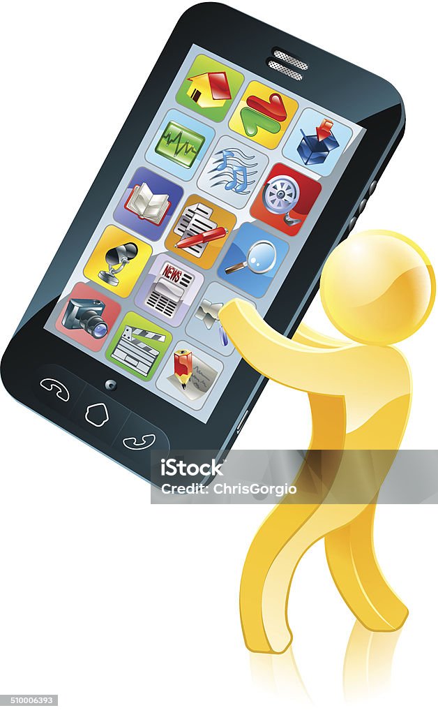 Mobile phone gold man Illustration of a gold figure mascot holding a giant mobile phone Adult stock vector