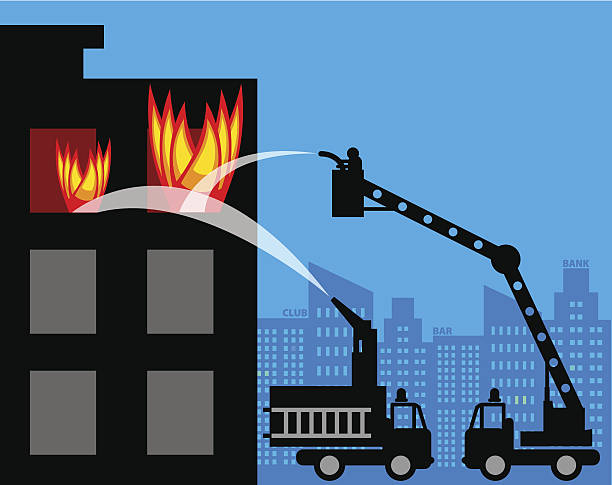 ilustraciones, imágenes clip art, dibujos animados e iconos de stock de camiones de incendios - natural disaster fire office fire department