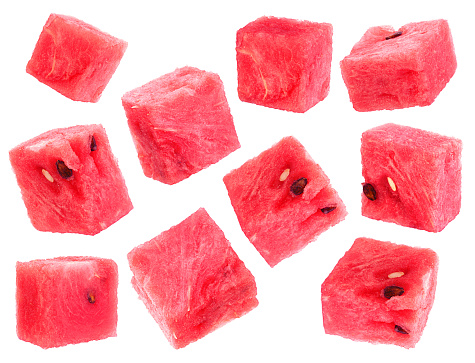 Watermelon fruit cube slice closeup isolated on white background