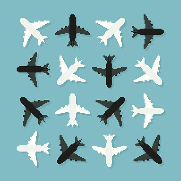 Pixel Planes Pixel art 8-bit planes turned in different angles airplane silhouette commercial airplane shipping stock illustrations