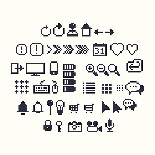 Pixel UI Icons Pixel art contour, black and white 8-bit icons for website or mobile user interface silhouette of the wifi icon stock illustrations