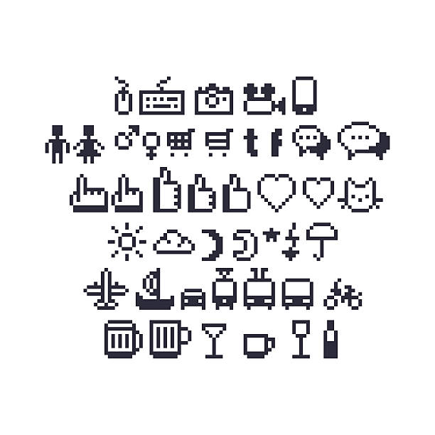 Pixel Art Social UI Icons Pixel art contour, black and white input devices, social networks, message bubbles, hand pointing index finger and thumbs up likes, weather, beer and coffee mugs, cocktail glasses and other UI icons bike hand signals stock illustrations
