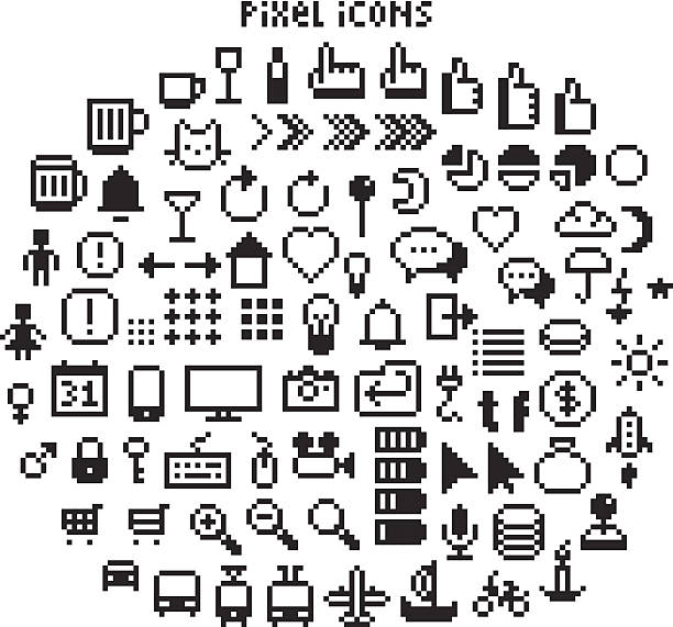 Pixel UI Icons Large set of pixel art 8-bit icons for a smartphone or web. Weather, pointers, smartphone UI, different transport vehicles and other black and white pictograms pixelated illustrations stock illustrations