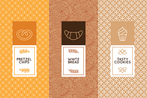 Vector set of design templates and elements for bakery packaging in trendy linear style