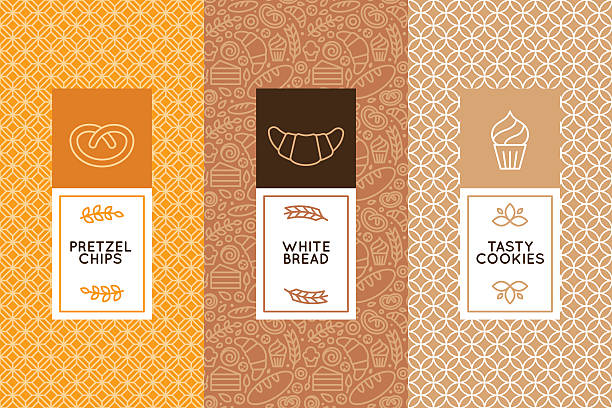 Vector set of design templates and elements Vector set of design templates and elements for bakery packaging in trendy linear style bread backgrounds stock illustrations