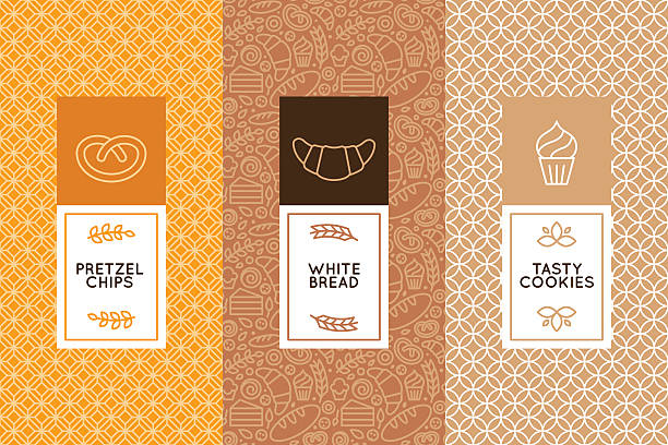 Vector set of design templates and elements Vector set of design templates and elements for bakery packaging in trendy linear style wheat backgrounds stock illustrations