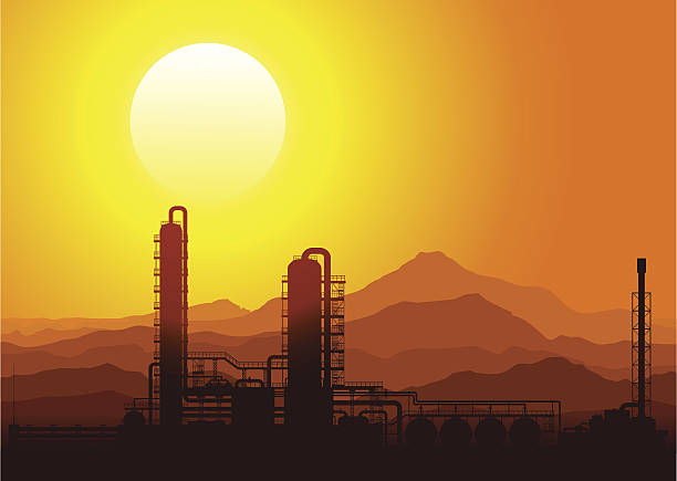 illustrazioni stock, clip art, cartoni animati e icone di tendenza di raffineria di petrolio al tramonto.  illustrazione vettoriale. - gasoline factory station chimney