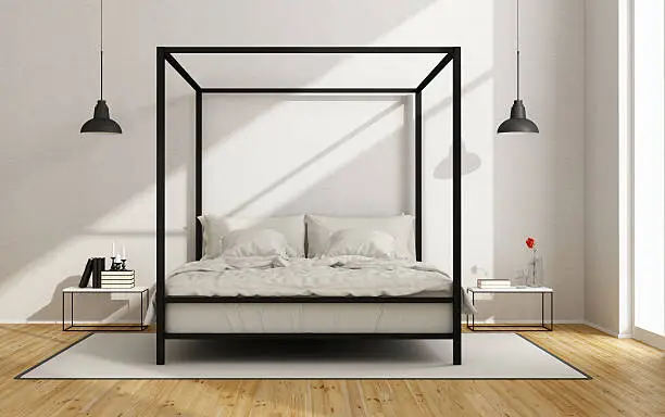 White bedroom with canopy bed in minimalist style - 3D Rendering