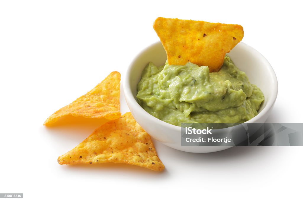 TexMex comida : Nacho Chips e Guacamole isolado no fundo branco - Foto de stock de Taco royalty-free