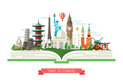 Vector illustration of flat design composition with famous world landmarks icons on a book